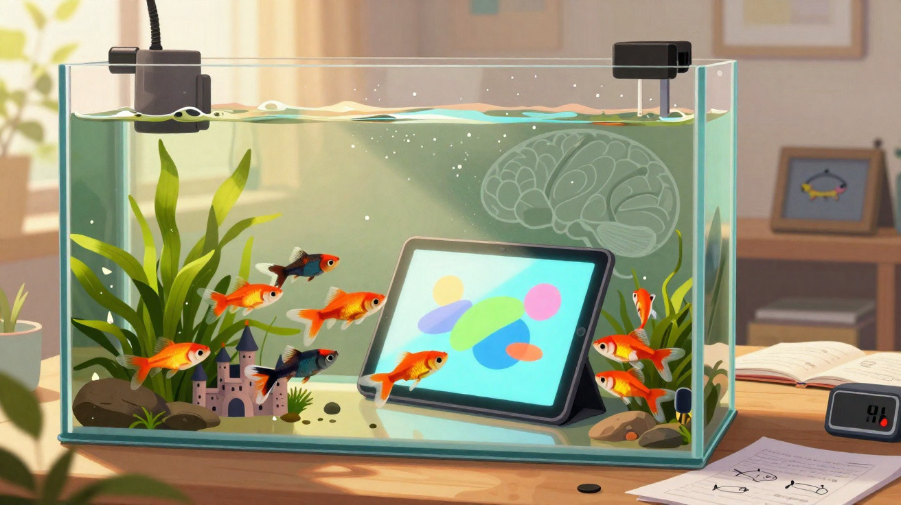 Aquário com peixes coloridos, plantações, castelo de brinquedo e tablet dentro, em sala iluminada.