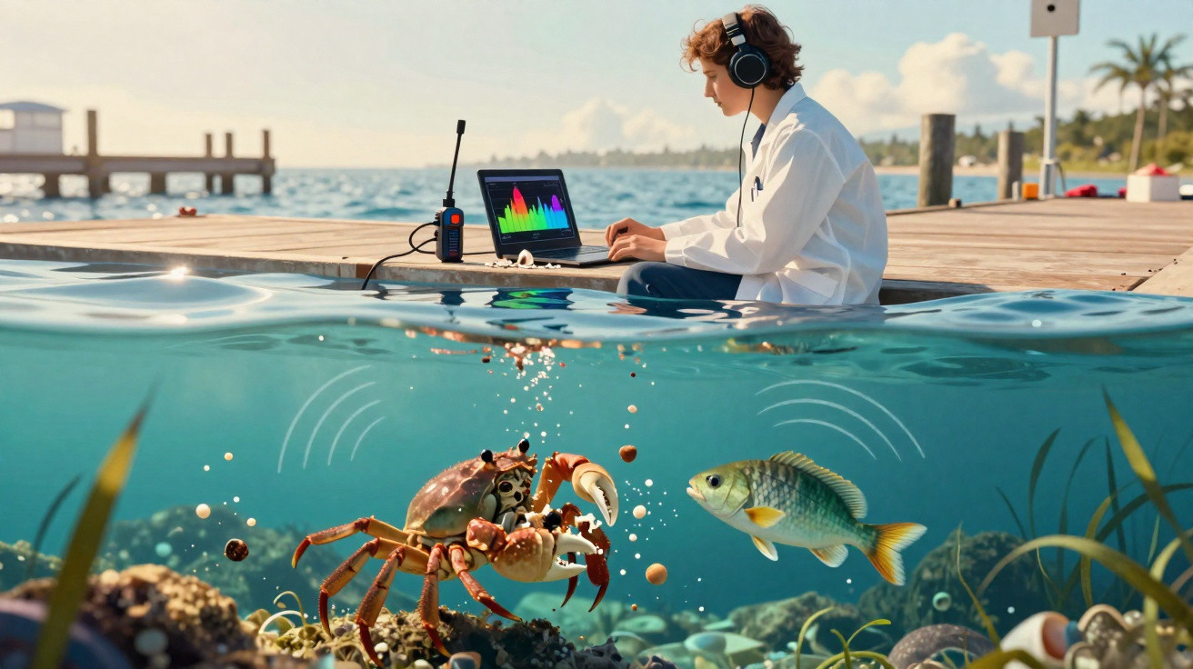 Menino com fones em um píer analisa sons subaquáticos de caranguejo e peixe com laptop e rádio.