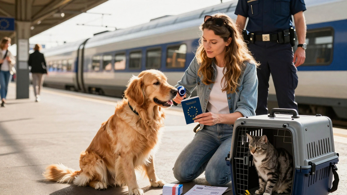 Mulher com cão e gato em estação, oficial inspecionando documentos para viagem de animais.