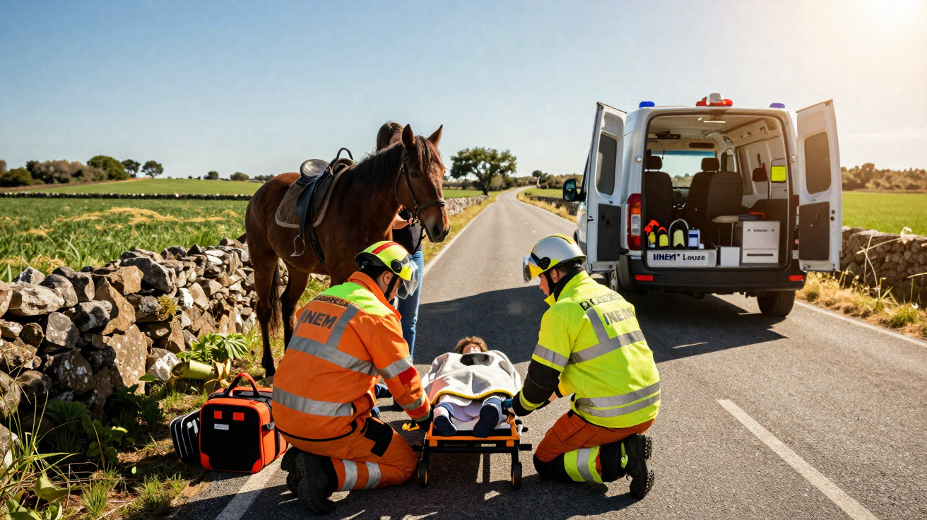 Dois socorristas atendem pessoa deitada em maca em estrada rural com cavalo próximo; ambulância com portas abertas ao fundo.