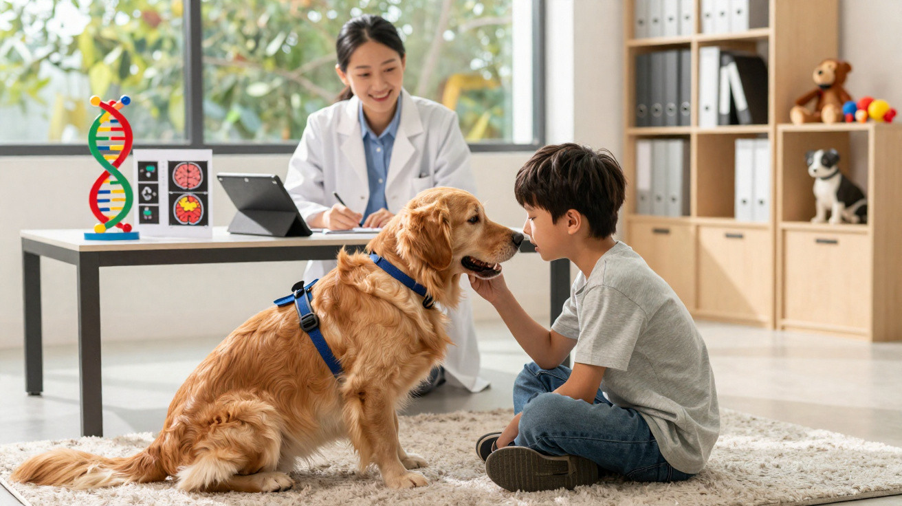 Criança acariciando cão golden retriever enquanto médica observa em consultório veterinário.