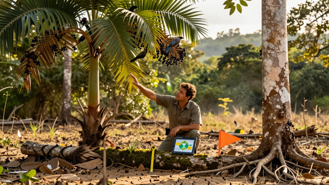 Homem com tablet analisa fruto em planta tropical durante estudo de campo na floresta.