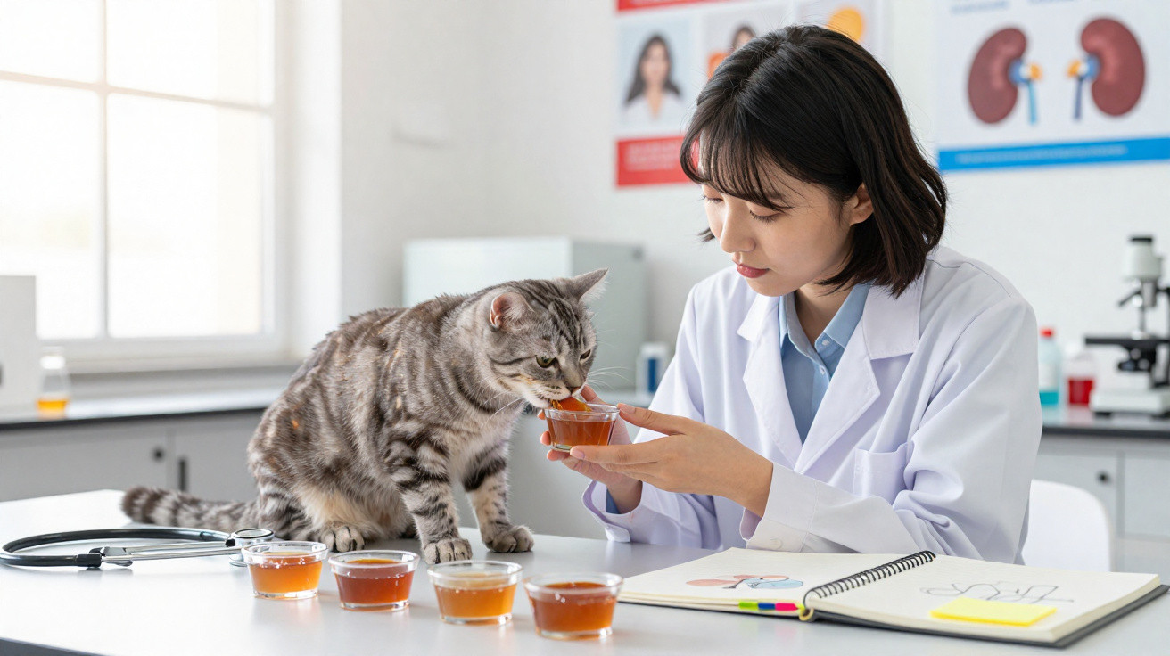 Veterinária em jaleco alimenta gato com líquidos em copos transparentes sobre mesa de laboratório.