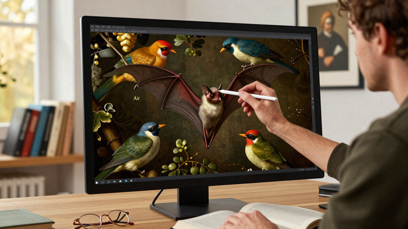 Pessoa jovem desenhando um morcego digitalmente com aves coloridas ao redor em tela de computador.