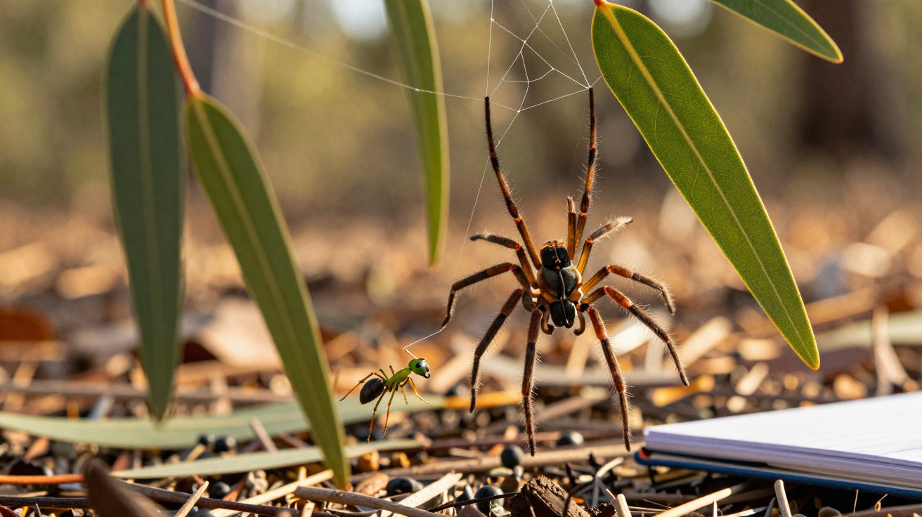 Aranha pendurada na teia e formiga no chão com folhas secas e caderno ao lado em fundo desfocado.