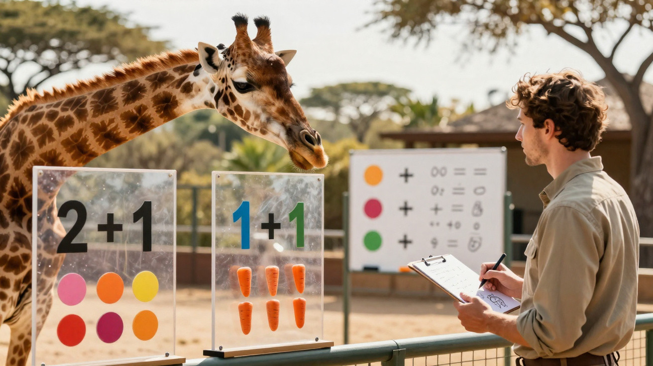 Girafa observando placas de matemática enquanto homem escreve em prancheta ao ar livre em zoológico.