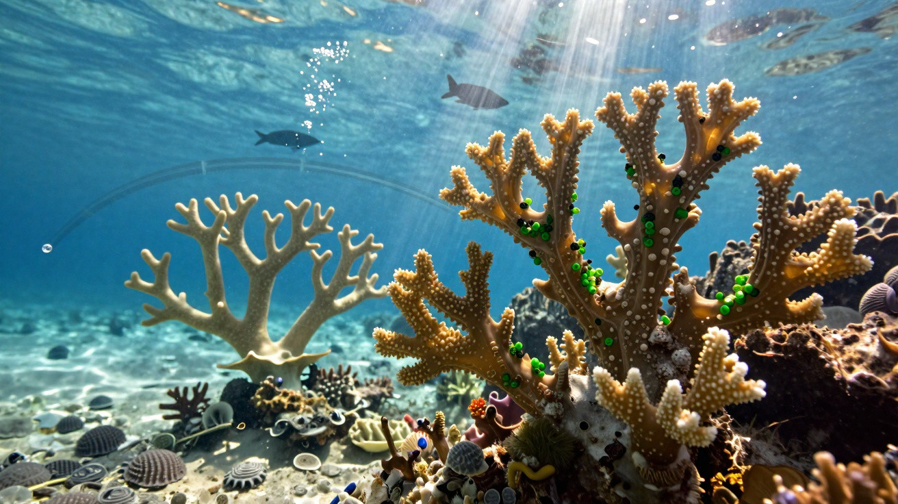 Recife de coral submerso com peixes e luz solar penetrando a água cristalina.