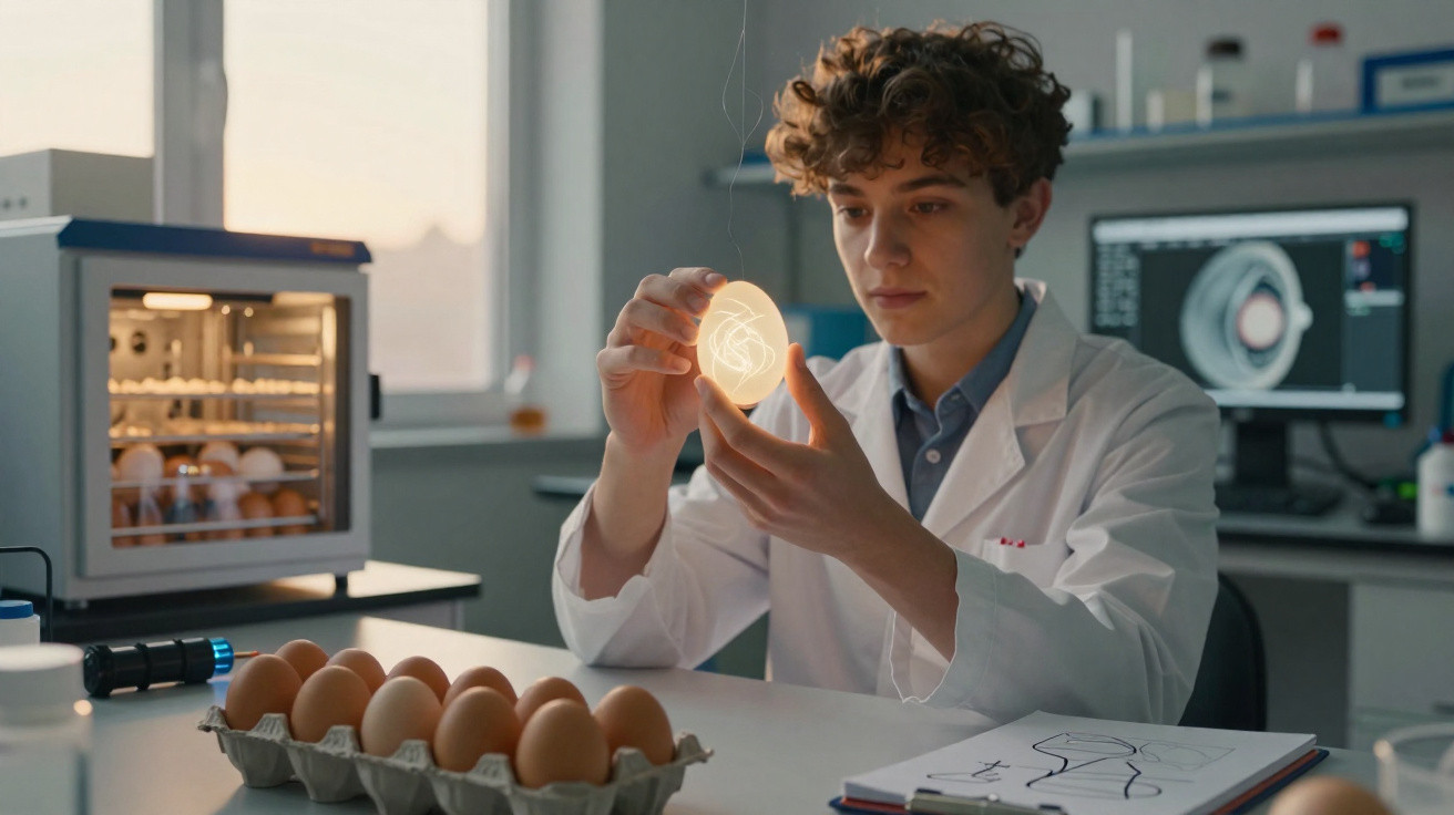 Cientista analisando ovo iluminado em laboratório com incubadora e desenhos sobre aves na mesa.
