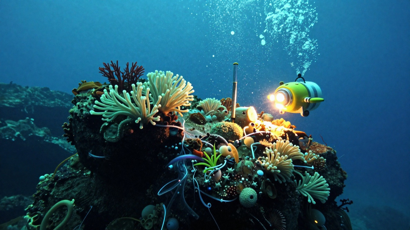 Submarino amarelo iluminando corais coloridos no fundo do oceano durante exploração submarina.