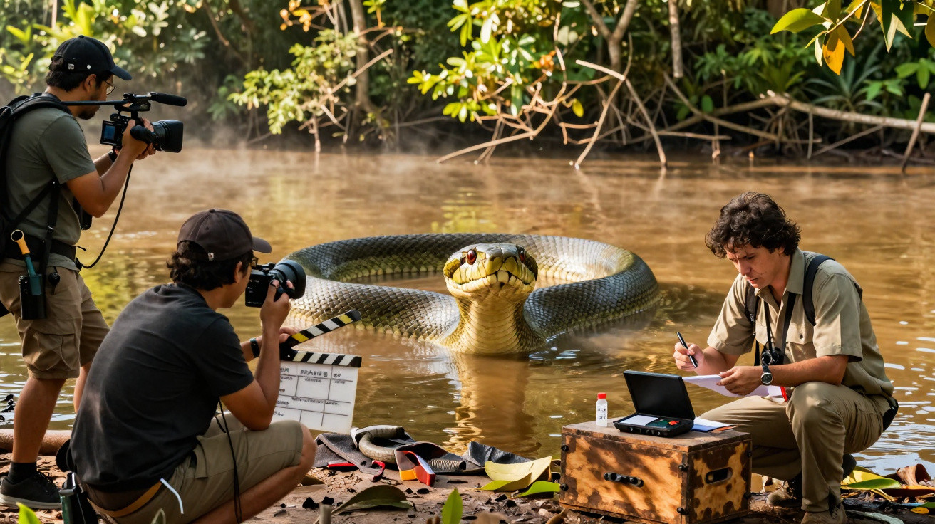 Equipe de filmagem registra cobra gigante em lagoa cercada por vegetação na floresta.