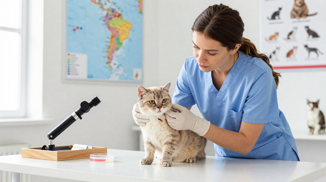 Veterinária com jaleco azul examinando gato em mesa branca em clínica com mapa no fundo.