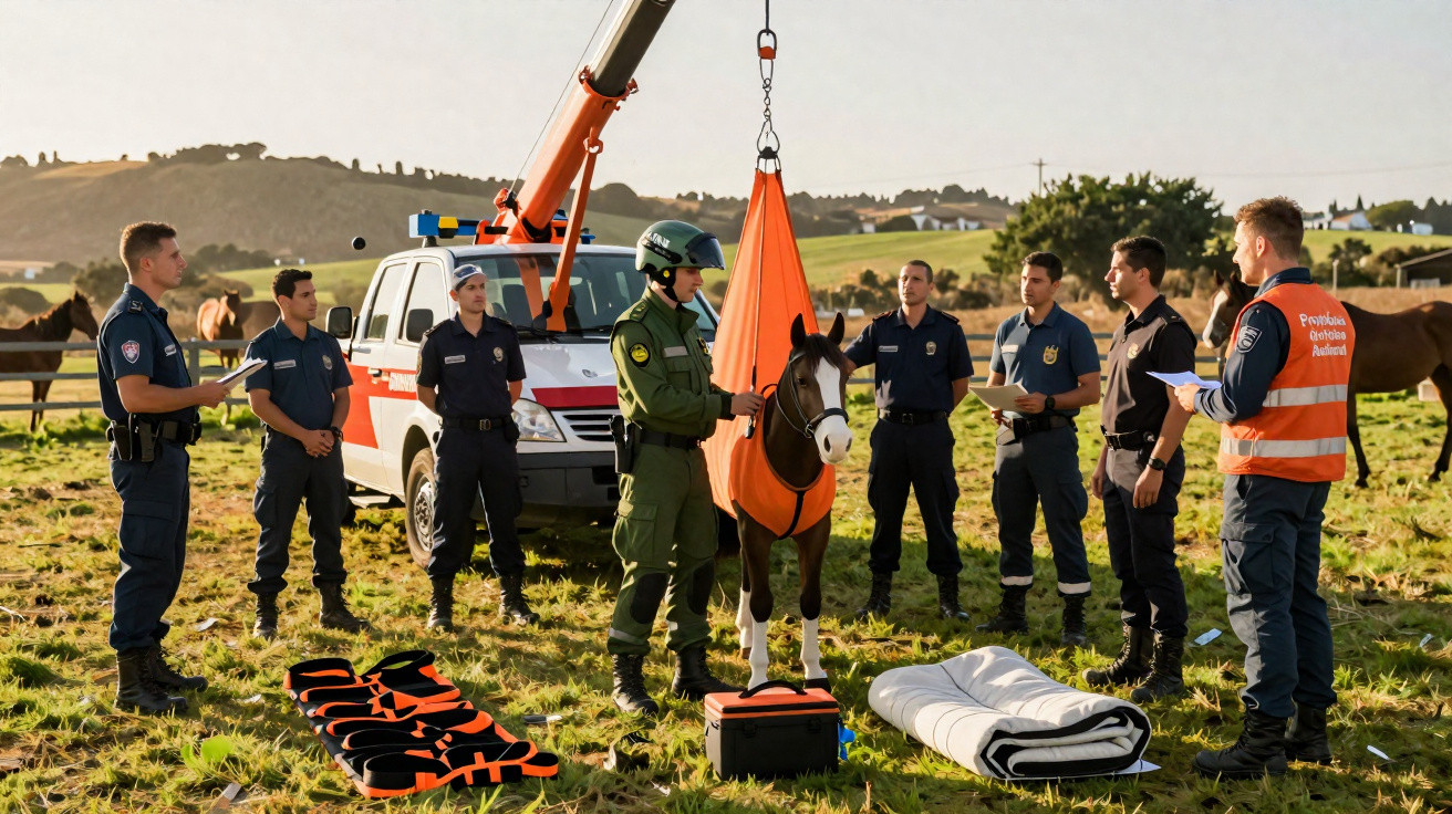 Equipe de resgate preparando cavalo para ser içado em operação de salvamento rural.