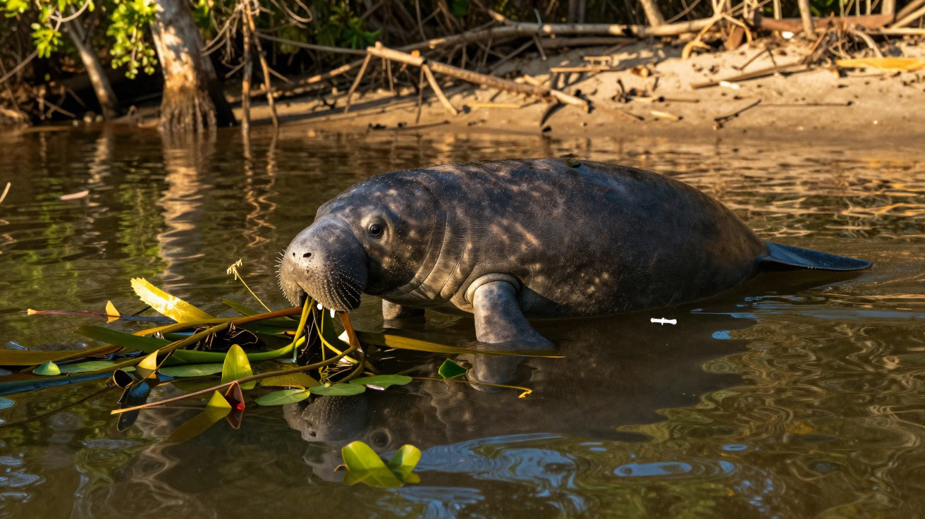 Peixe-boi na água próximo à margem com vegetação aquática e raízes expostas ao fundo.