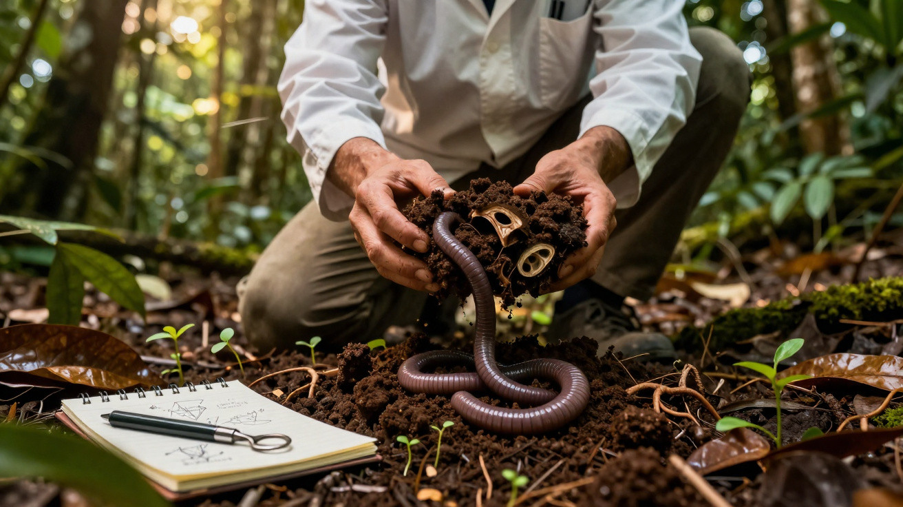 Pessoa com jaleco segura terra com minhoca e tampinhas de latinha durante estudo em floresta.