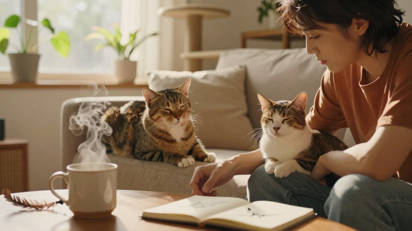 Pessoa lendo com dois gatos sentados no colo e no sofá, ao lado de uma caneca com bebida quente.