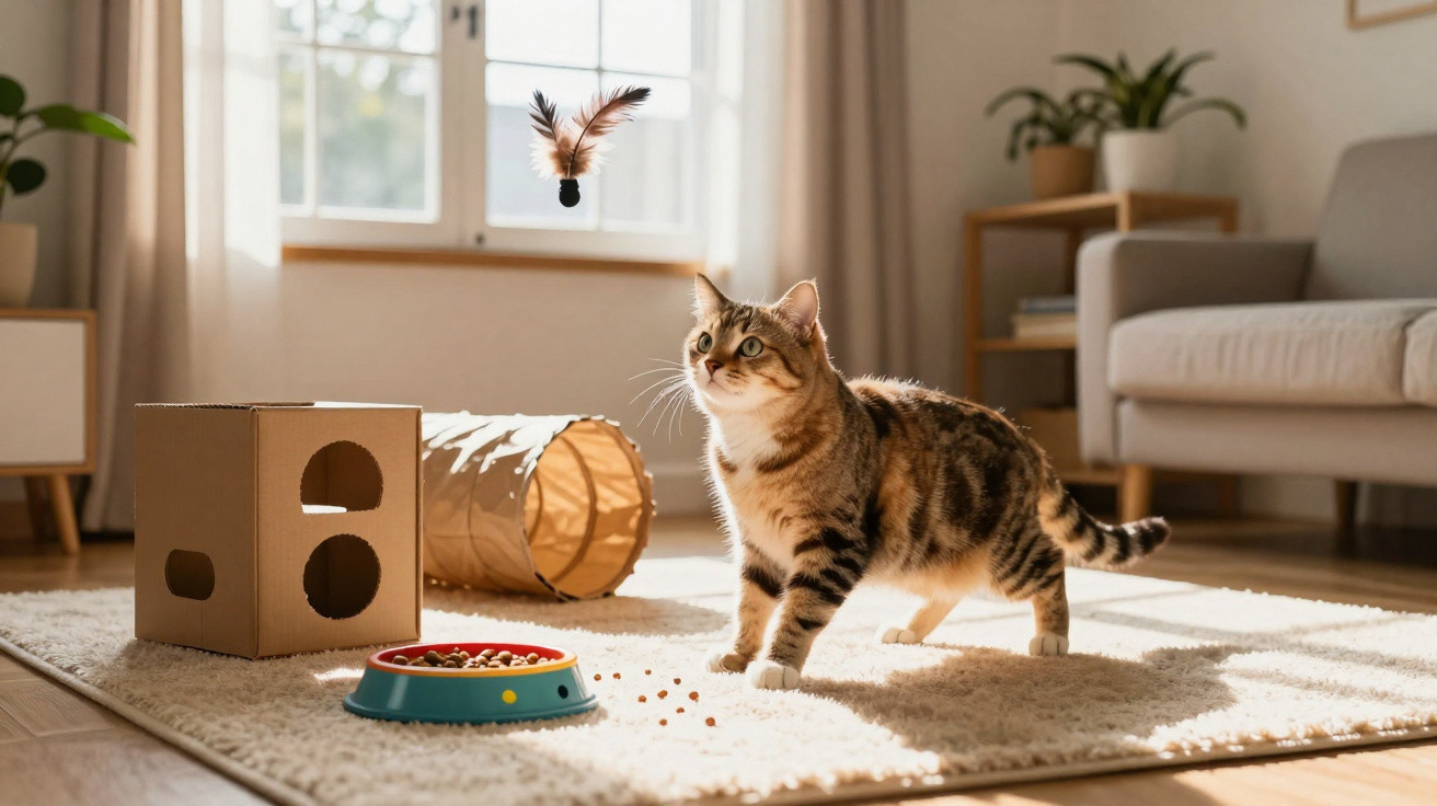 Gato tigrado brincando com brinquedo de penas em sala iluminada, perto de comedouro e brinquedos.