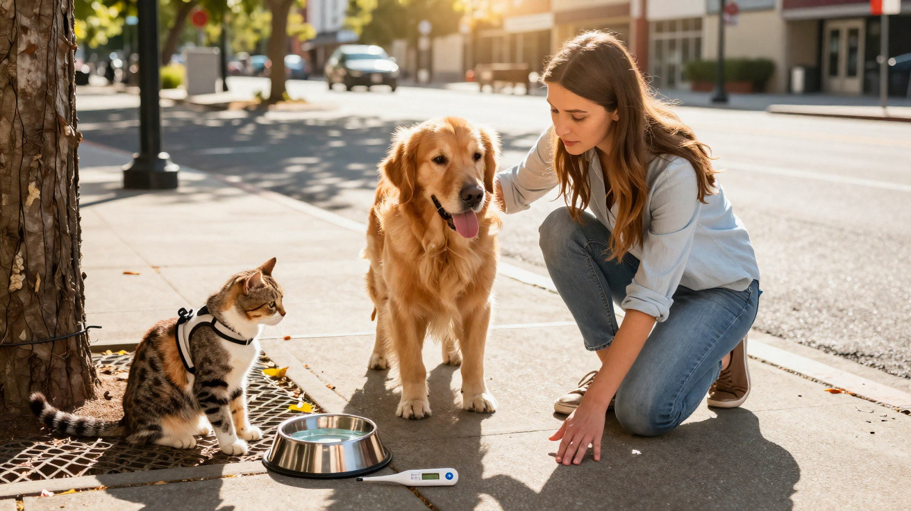 Mulher agachada com cachorro Golden Retriever e gato com coleira ao lado de árvore na calçada ensolarada.