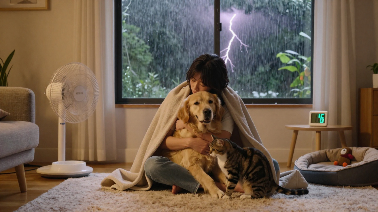 Pessoa abraçando cachorro e gato em sala, enquanto relâmpago ilumina janela em tempestade à noite.