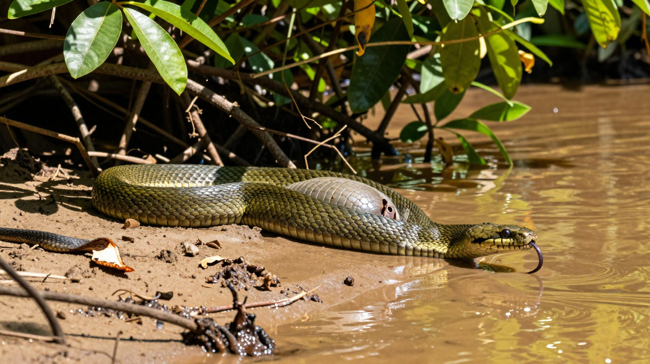 Cobra verde se aproximando da margem com água e vegetação ao redor em ambiente natural.