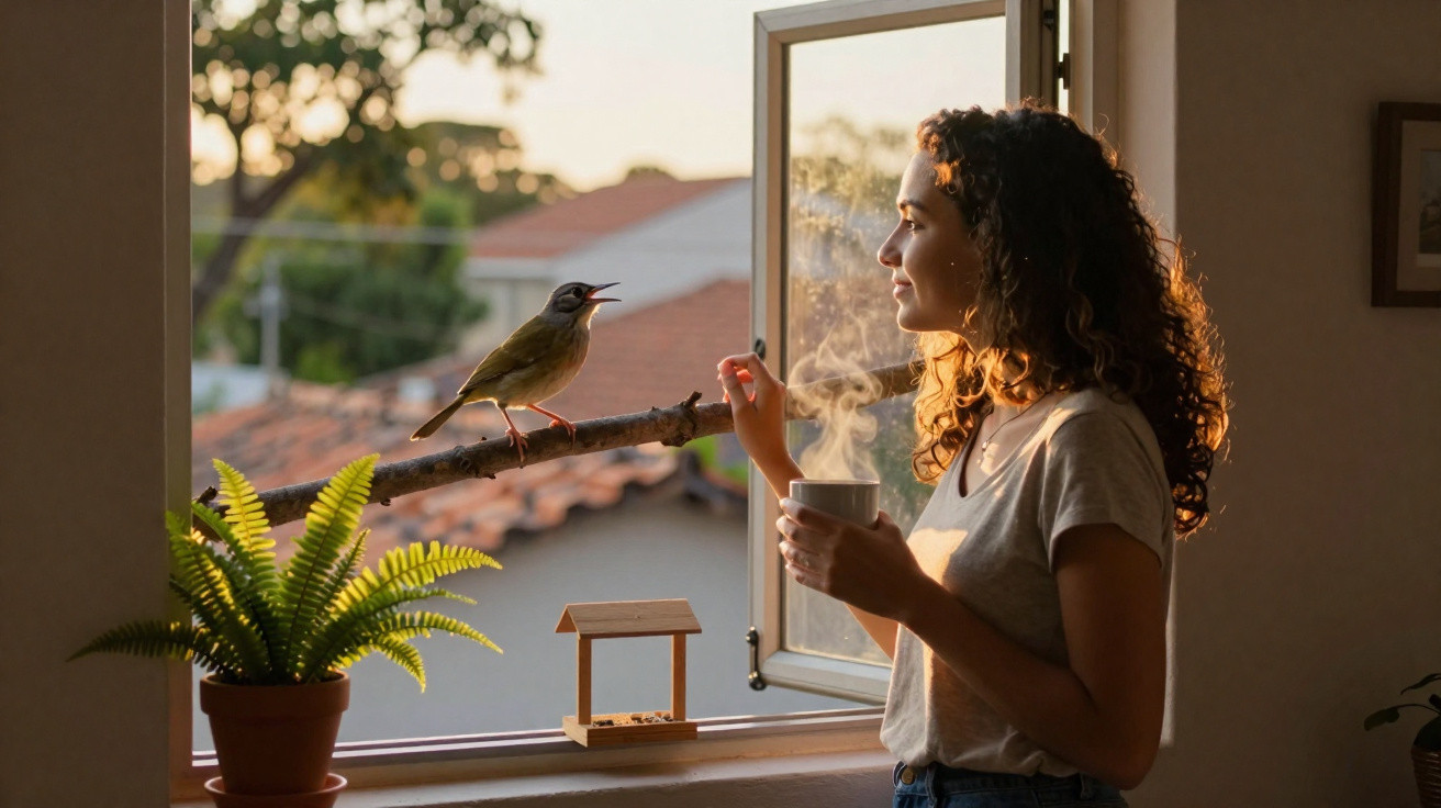 Mulher segurando xícara quente observa pássaro cantando em galho na janela aberta ao amanhecer.