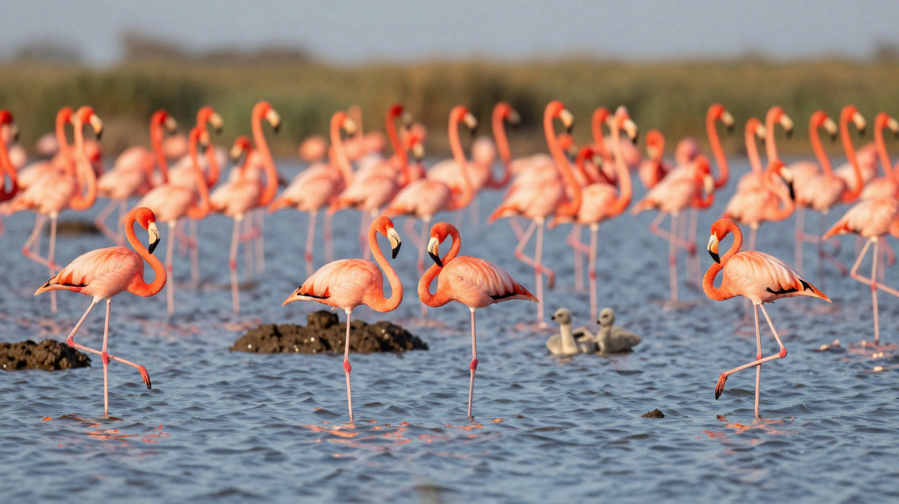 Grupo de flamingos rosa em pé sobre uma perna na água com dois filhotes cinza ao fundo.