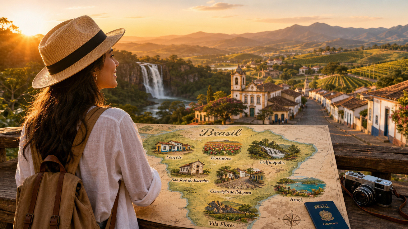 Mulher com chapéu observa cidade histórica ao pôr do sol com mapa do Brasil e passaporte sobre mesa de madeira.