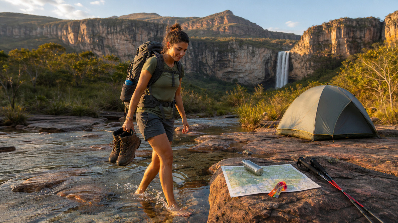 Mulher com mochila caminhando descalça na água perto de acampamento com barraca e cachoeira ao fundo.