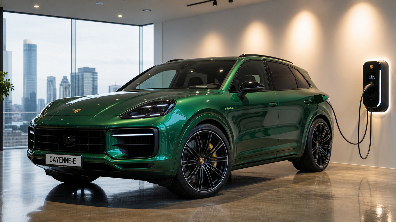 Carro SUV verde Porsche Cayenne-E elétrico carregando em estação interna moderna com janela e edifícios ao fundo.