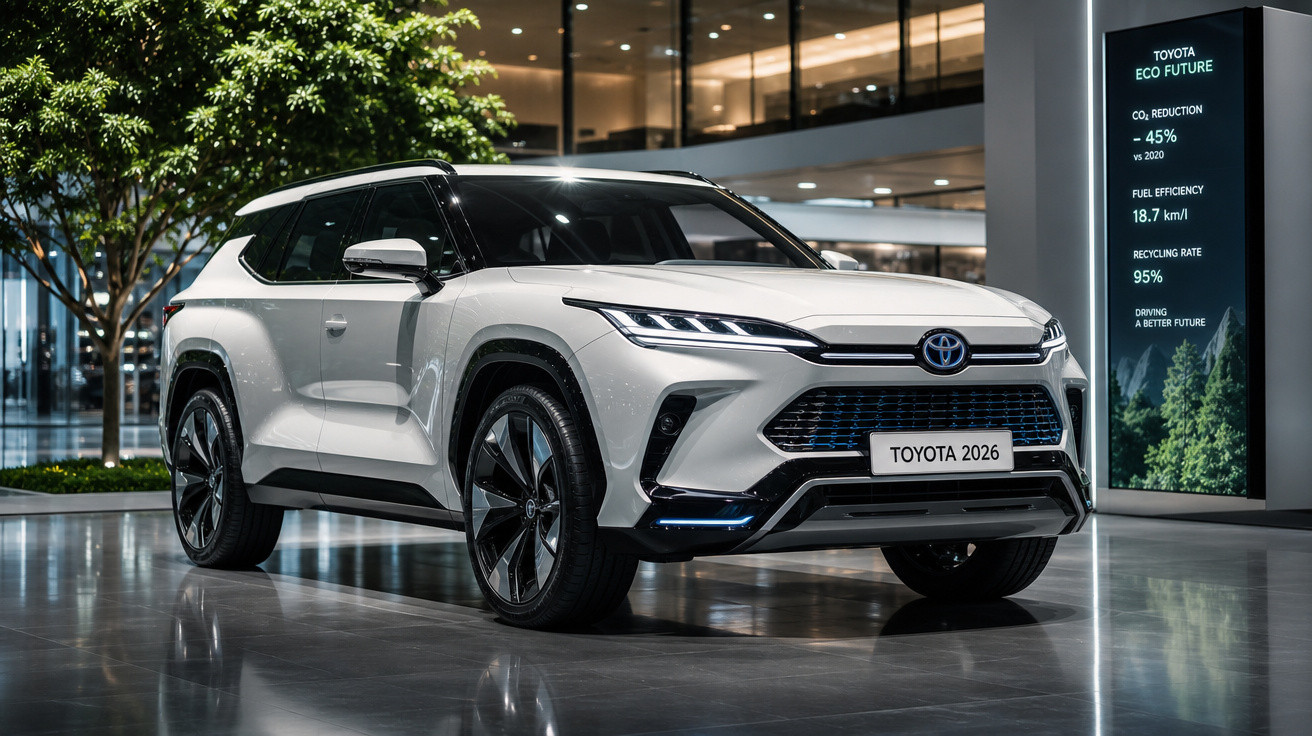 SUV branco da Toyota modelo 2026 exibido em ambiente interno moderno com placa frontal e iluminação suave.