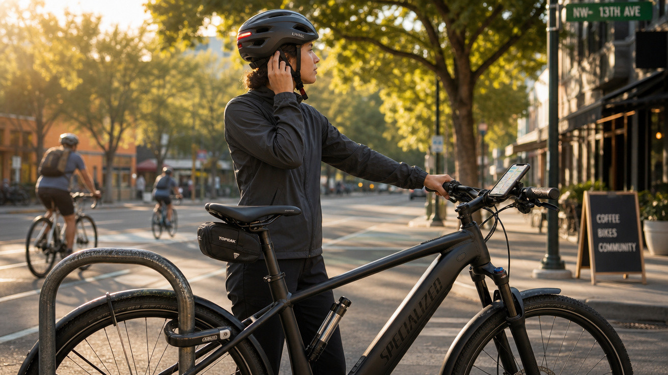 Pessoa com capacete preto encostada em bicicleta na rua, com árvores e outros ciclistas ao fundo.
