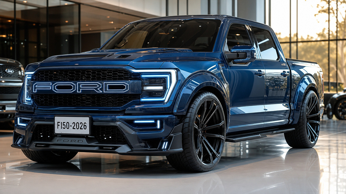 Picape Ford F-150 azul com rodas pretas esportivas em showroom moderno.