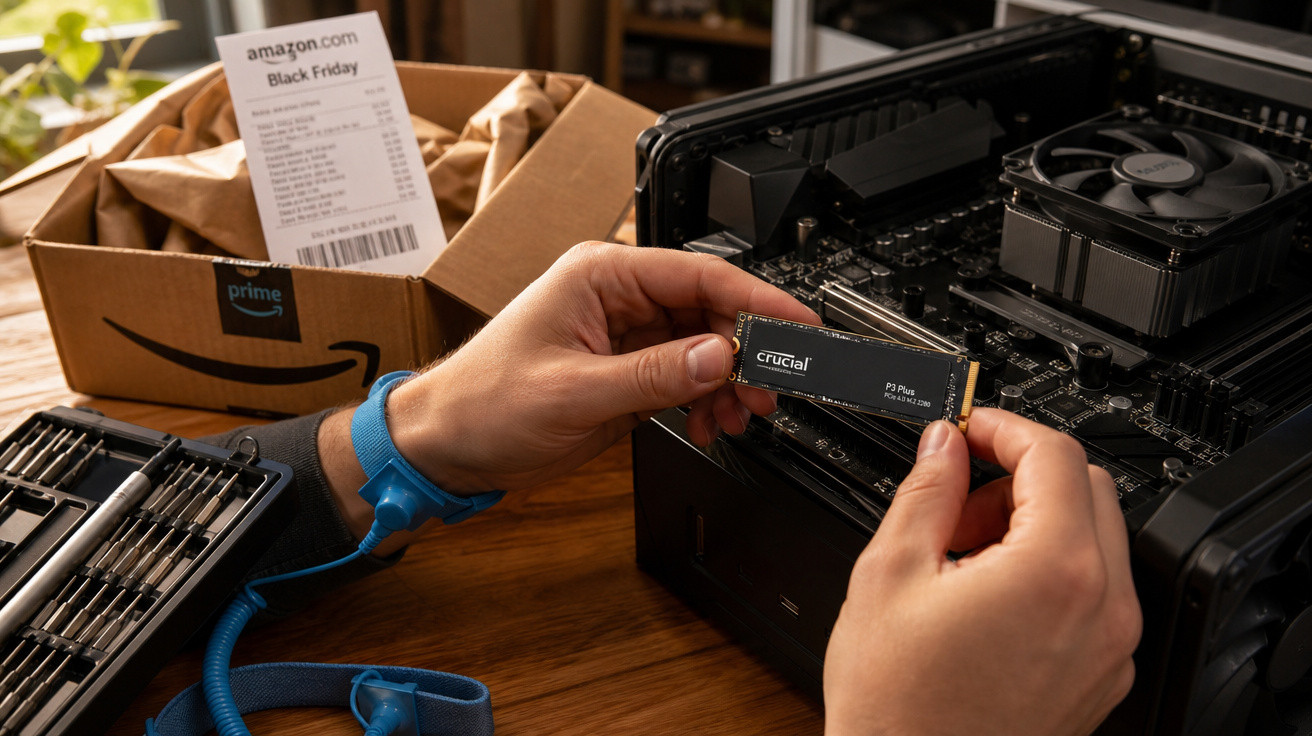 Pessoa segurando um SSD Crucial P3 Plus para instalar em gabinete de computador aberto sobre mesa de madeira.
