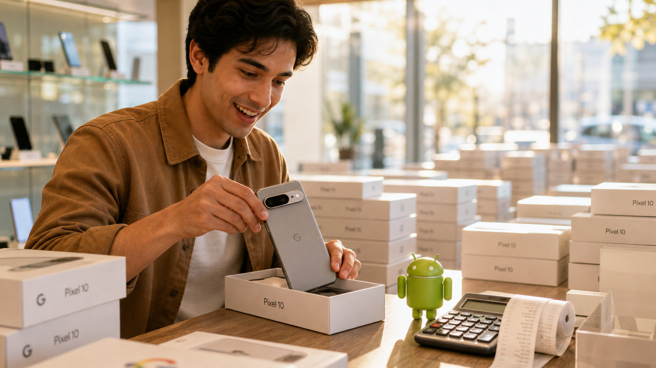 Jovem abrindo caixa de smartphone Pixel 10 em loja, com vários aparelhos e calculadora na mesa.