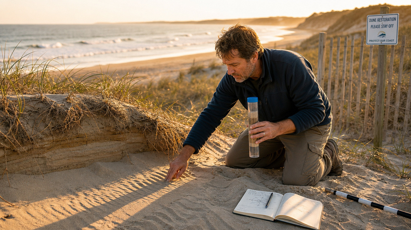 Homem ajoelhado na praia analisando pegadas na areia com caderno e tubo de amostra ao lado, ao pôr do sol.