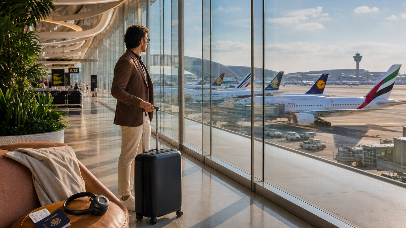 Homem de óculos e terno marrom observa aviões no portão de embarque de aeroporto com mala preta ao lado.
