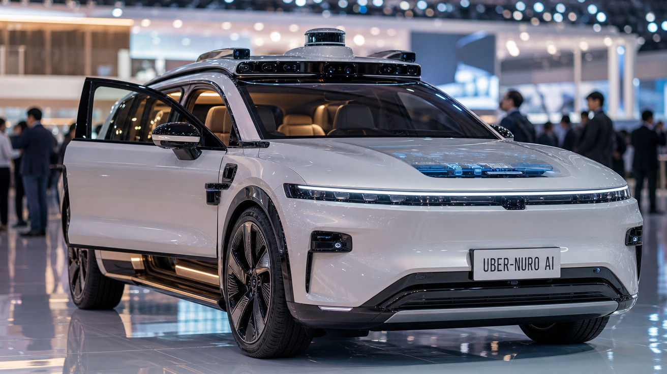 Carro branco autônomo Uber-Nuro AI exibido em salão automotivo com porta dianteira aberta.
