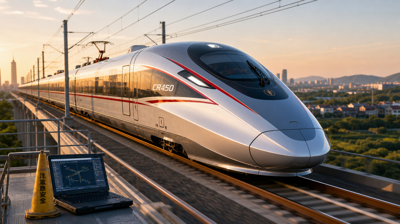 Trem-bala moderno CR450 em trilhos elevados ao pôr do sol com laptop e cone de sinalização próximos.