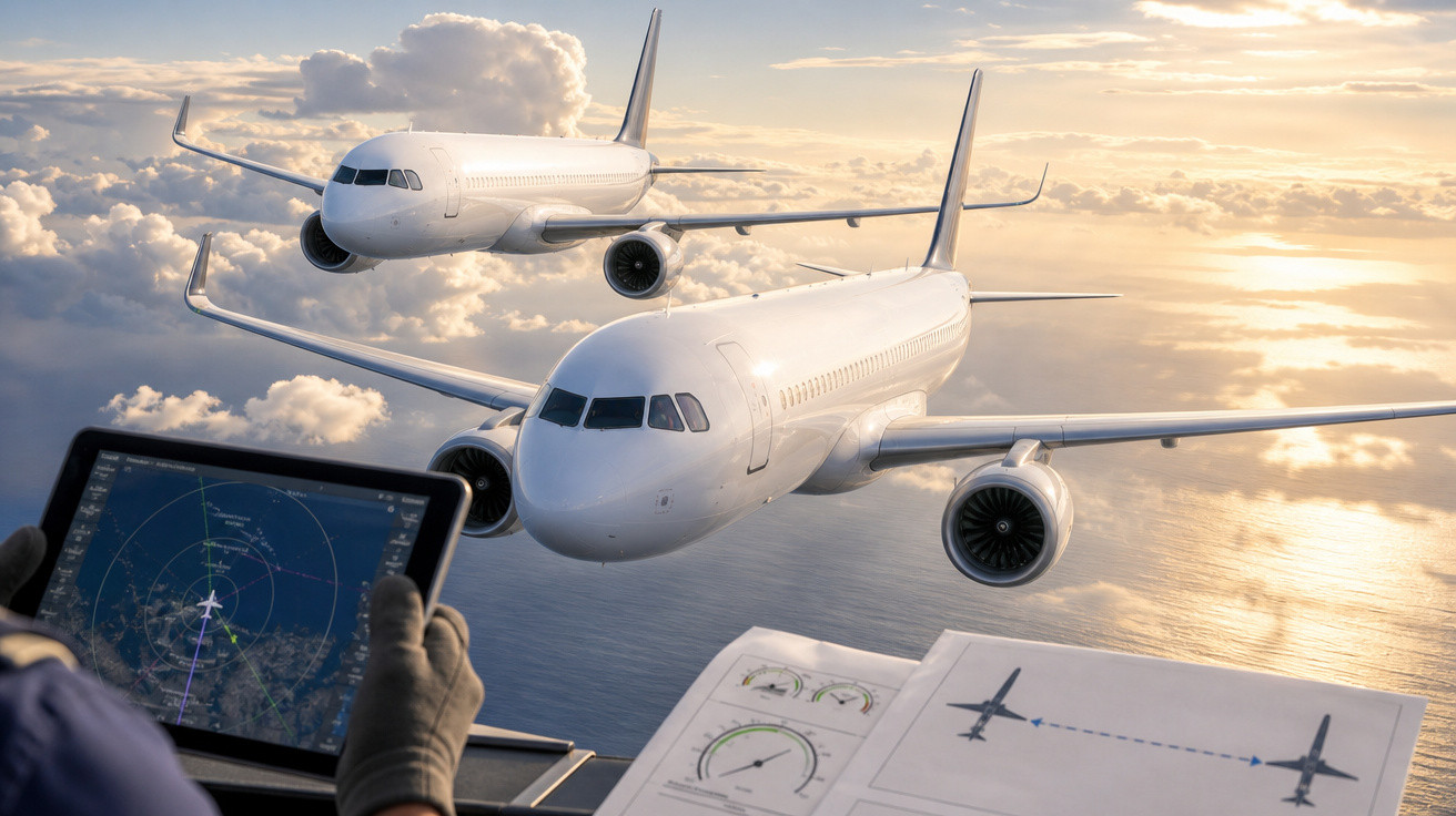 Dois aviões voando sobre o mar ao pôr do sol, com painel de controle e tablet de navegação à frente.