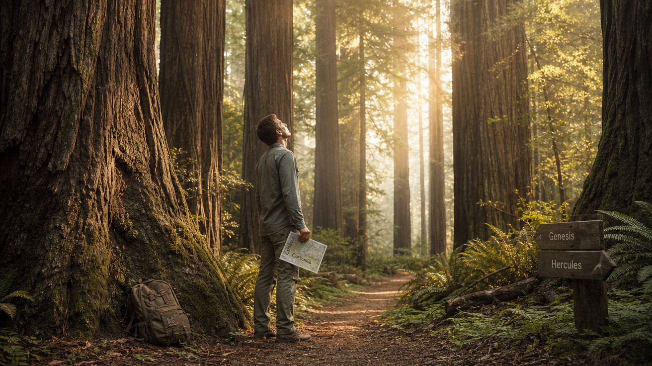 Homem observa árvores altas em floresta com mochila no chão e mapa na mão, próximo a placa de madeira.