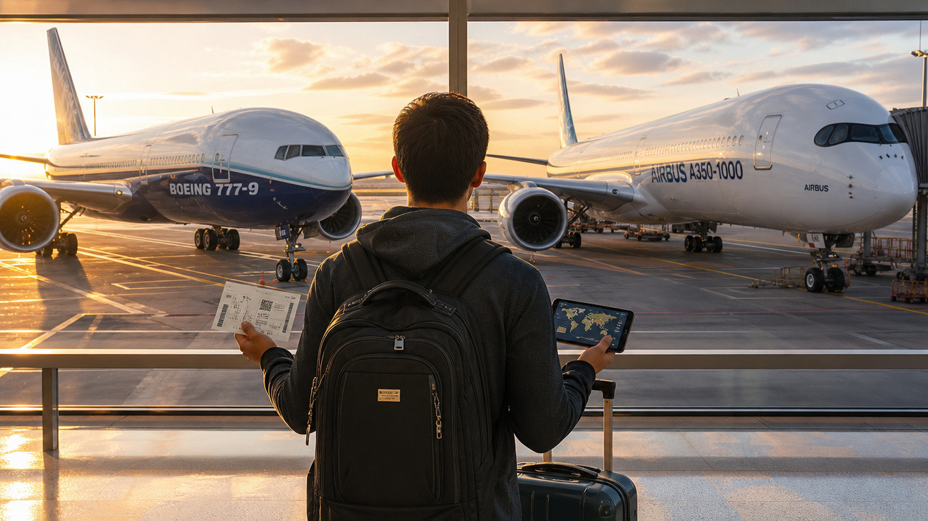 Passageiro com mochila em aeroporto observa aviões Boeing 777-9 e Airbus A350-1000 ao pôr do sol.