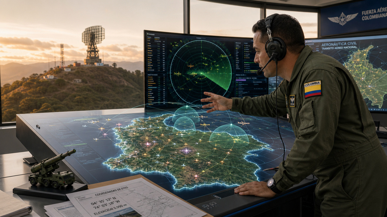 Oficial colombiano monitora radar e mapa estratégico em mesa digital durante o pôr do sol.