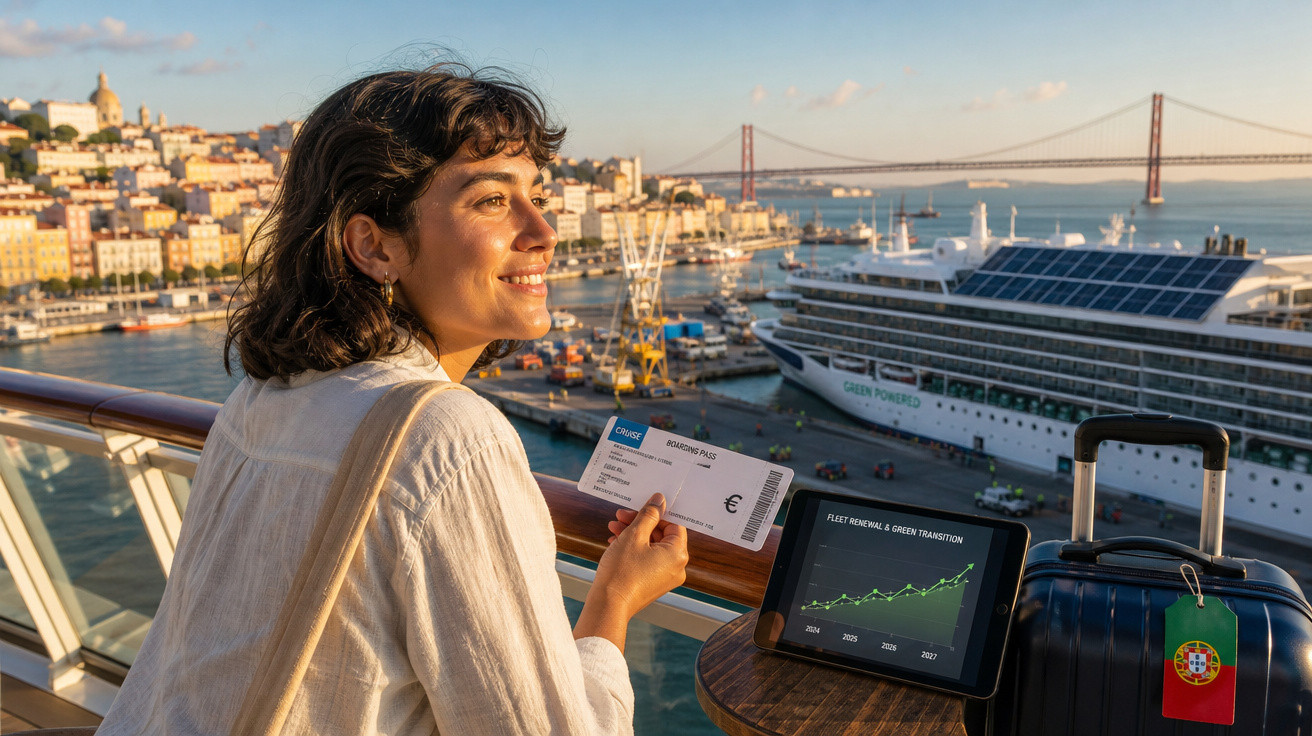 Mulher sorridente segurando bilhete em navio de cruzeiro com cidade e ponte ao fundo ao entardecer.