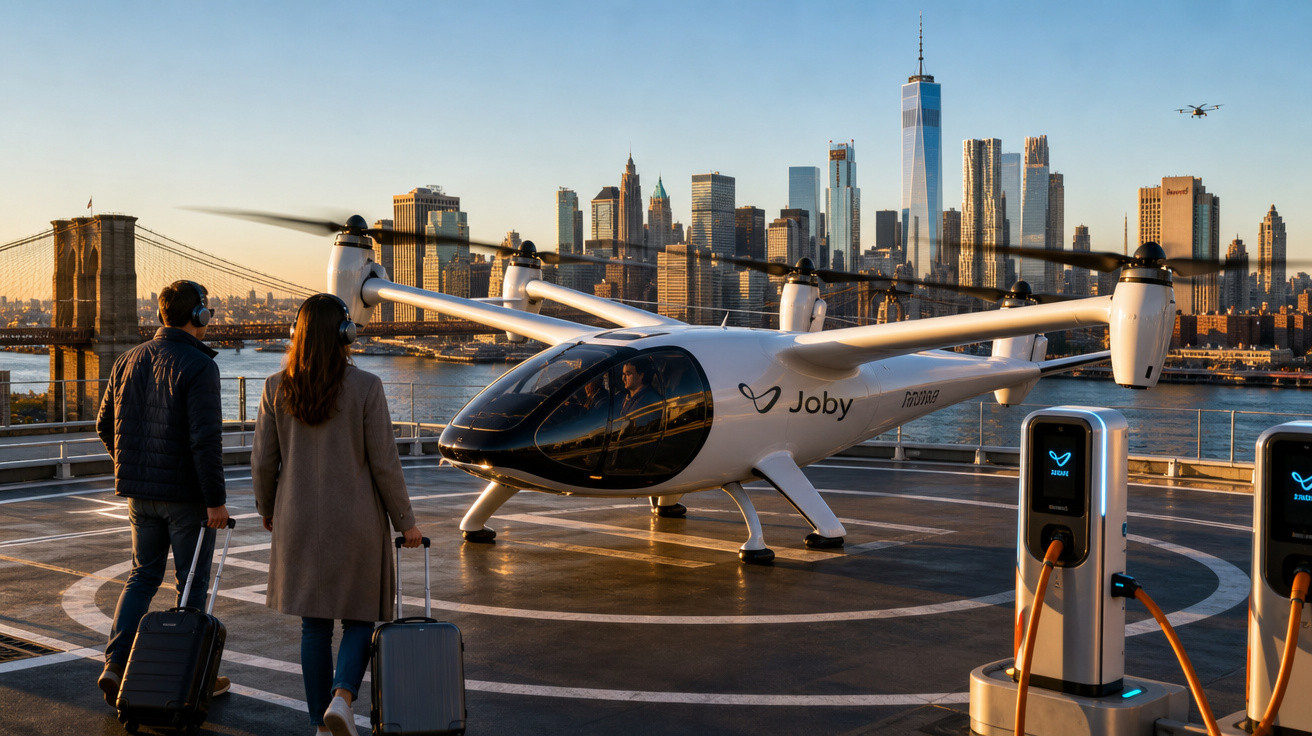 Dois passageiros com malas caminham em direção a um táxi aéreo elétrico em helicóptero na cidade ao entardecer.