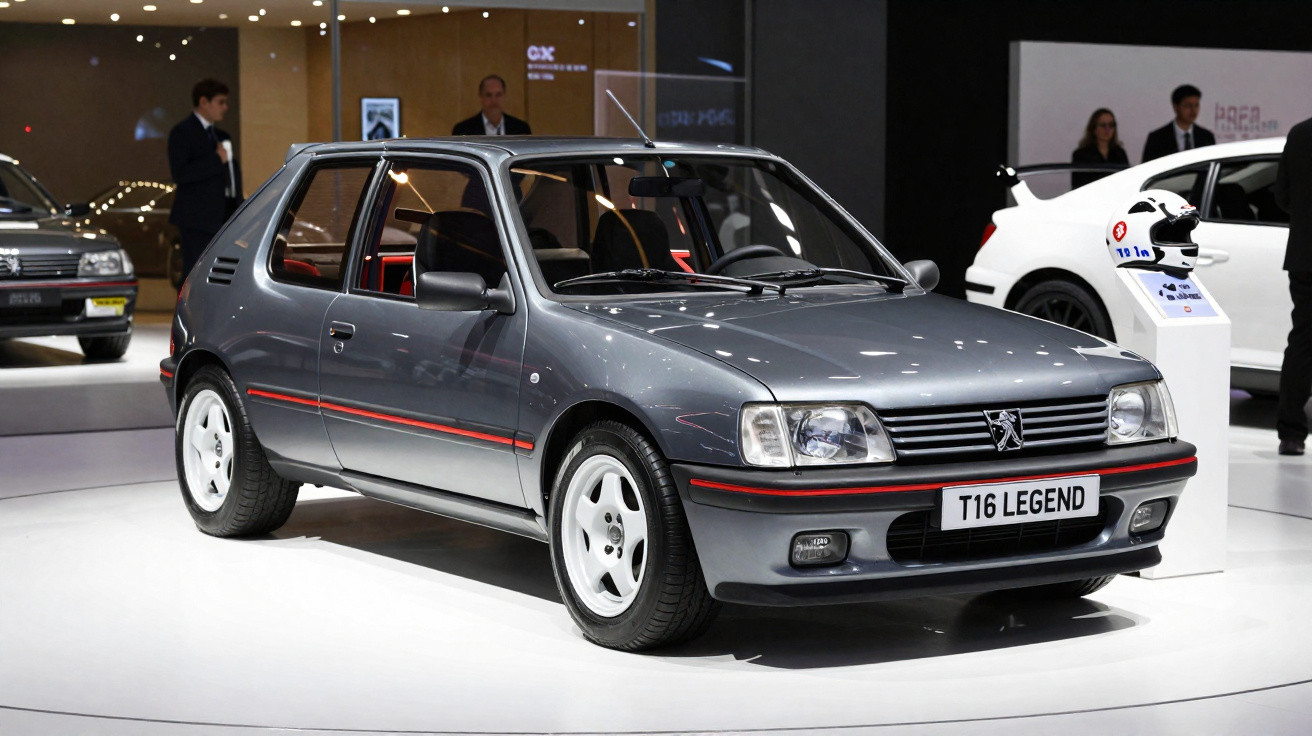 Carro esportivo cinza Peugeot 205 T16 Legend exposto em salão de automóveis com rodas brancas.