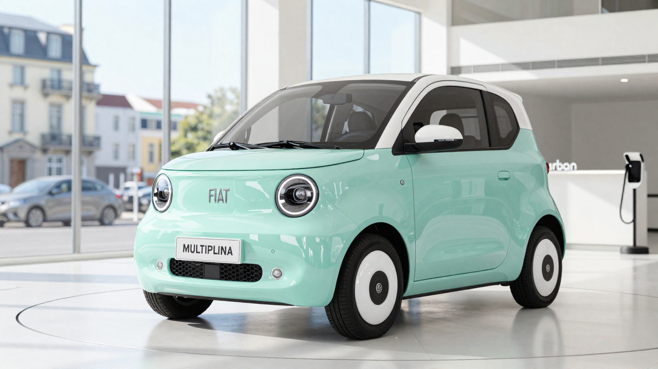 Carro elétrico Fiat multipla verde menta elétrico compacto em showroom com carregador ao fundo.