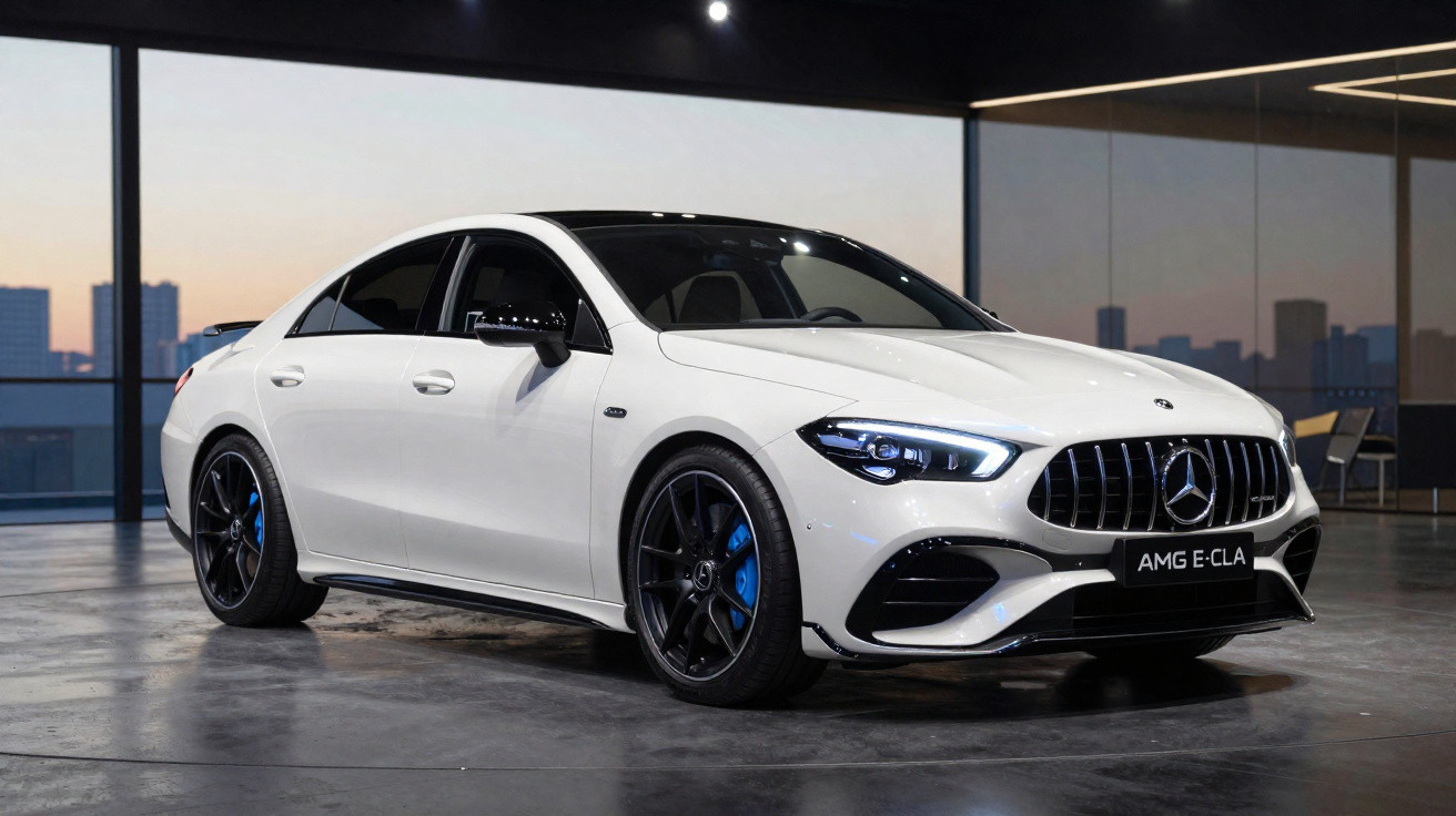 Carro Mercedes-Benz AMG E-CLA branco estacionado em ambiente interno com fundo urbano ao entardecer.