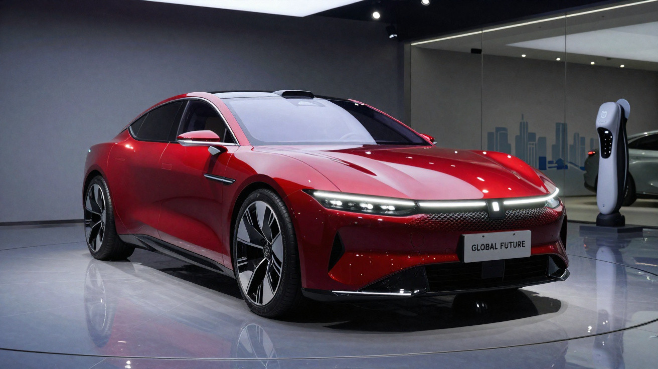 Carro elétrico vermelho moderno estacionado em showroom com carregador ao fundo.
