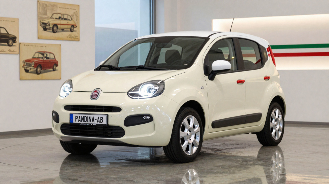 Carro branco Fiat Panda estacionado em ambiente interno com iluminação moderna e quadros na parede.