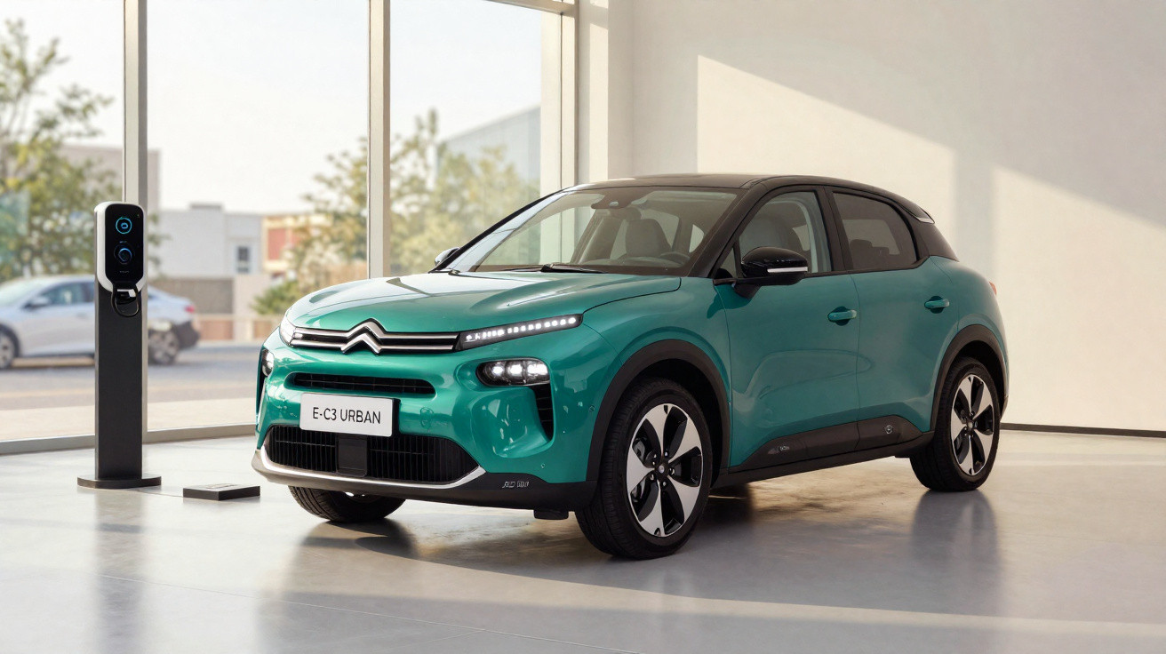 Carro elétrico Citroën E-C3 Urban verde estacionado ao lado de um carregador em ambiente interno iluminado.
