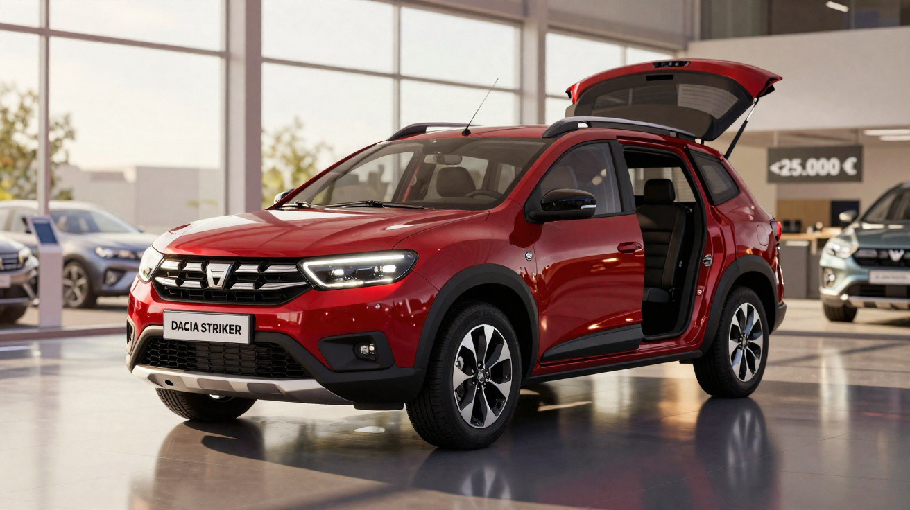 SUV vermelho Dacia Striker com porta traseira aberta em showroom iluminado.